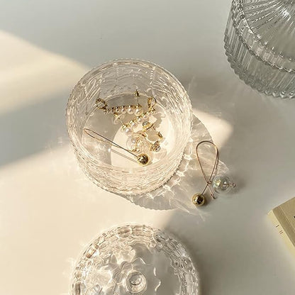 Decorative Glass Jar with Lid, Clear Apothecary Jar Crystal Canister Jar Bathroom Vanity Organizer for Cotton Ball & Swab, Cotton Pads, Hair Band, Jewelry, Tea and Candy Storage