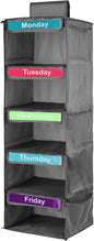Kids Hanging Closet Organizer with 5 Shelves, Daily & Weekly Clothes Organizer for Hats, T-Shirts, Bags, Towels (Gray)