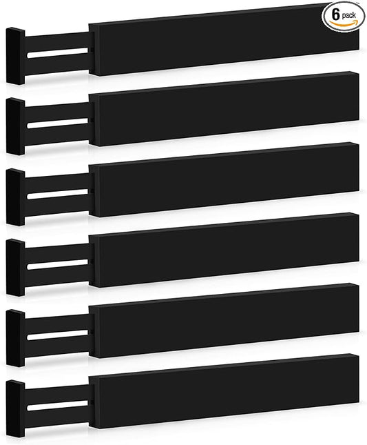 6-Pack Drawer Dividers - 2.6 Inches High, Adjustable 16 to 22 Inches Bamboo Drawer Organizer, Large Expandable Separator for Clothes, Dresser, Bedroom, Bathroom, Baby, Office, Kitchen Utensils, Black