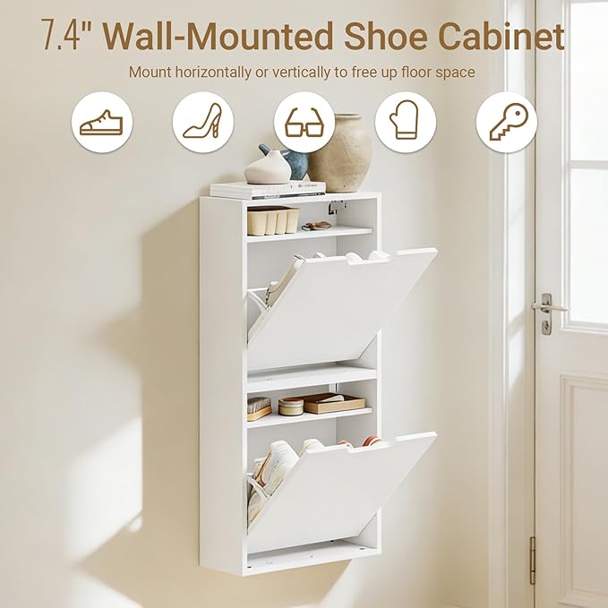 Haotian Wall Mounted Slim Shoe Cabinet for Entryway, Narrow Shoe Rack with 2 Flip Drawers, Hidden Shoe Storage Organizer, Vertical or Horizontal Mounting, Anti-Tip Design, White, FSR210-W