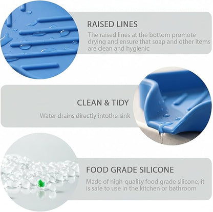 MicoYang Silicone Bathroom Soap Dishes with Drain Spout-Bathroom and Kitchen Sink Organizer,Sponge Holder,Dish Soap Tray,Perfect for Dispenser,Scrubber,Bottle,Cup on Counter Lichen Blue 4.9"×3.2"