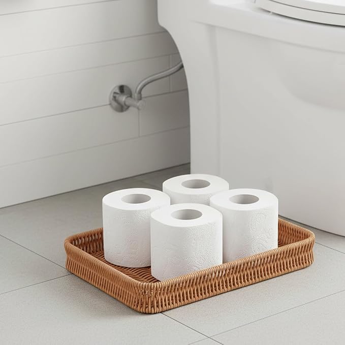 Toilet Tank Tray Storage Basket, Metal Woven Bathroom Basket Decorative Tray for Toilet Paper Storage, Wicker Vanity Organizer Bin with Non-Slip Feet for Bathroom Counter or Back of Toilet-Brown