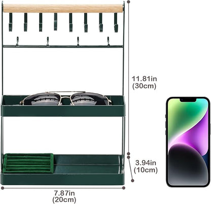 Lolalet 4-Tier Jewelry Organizer Stand with 12 Hooks, Necklace Bracelet Ring & Sunglasses Holder, Cute Metal Jewelry Storage Rack for Vanity, Dresser or Entryway, No Assembly -Green