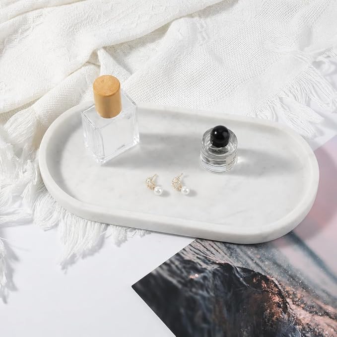 Koville Natural White Marble Tray for Home Decor, 10" x 5" Marble Vanity Tray for Bathroom Countertop Organizer Stone Trays, Catchall Tray for Perfume, Candles, Jewelry (Bianco Carrara)