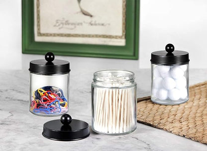Amolliar Apothecary Jars Bathroom Storage Organizer - Cute Qtip Dispenser Holder Vanity Canister Jar Glass with Lid for Cotton Swabs,Rounds,Bath Salts,Makeup Sponges,Hair Accessories/Black（2 Pack）