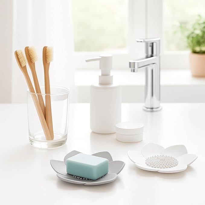 2 Pack Lotus Shower Steamer Trays, Silicone Soap Holder with Self Draining - Elegant White & Gray Lotus Flower Shape Soap Dish, Perfect for Bathroom Counter, Kitchen Sink, Shower Organizer