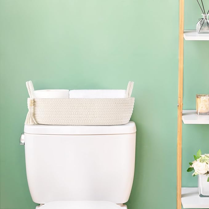 Mkono Small Storage Basket for Toilet Tank Top Boho Bathroom Decor Woven Rope Toilet Paper Tray Organizer for Shelf Bedroom Living Room, White, 1 Pack, 15.7" L x 6" W