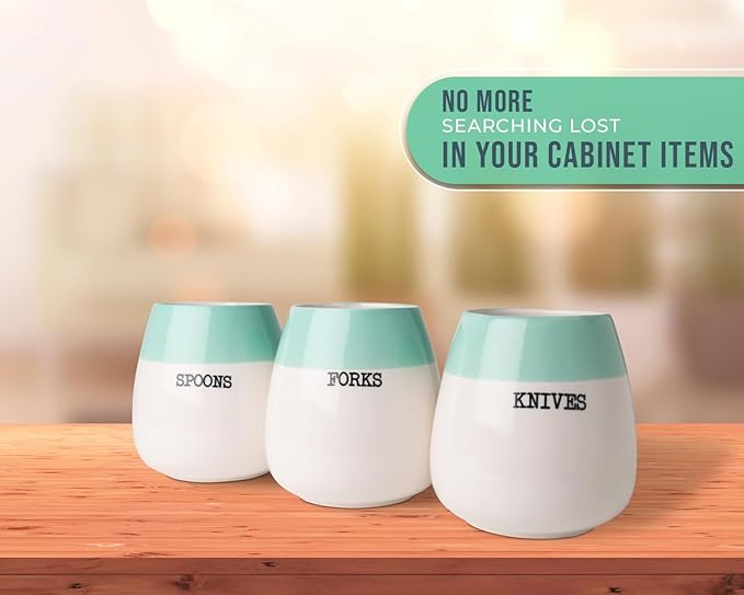 Comfify Ceramic Honeypot Cutlery Holder – Set of 3 – Sage Green and White Farmhouse Silverware Caddy for Kitchen Countertop – Spoon, Fork & Knife Organizer for Parties – Rustic Ceramic