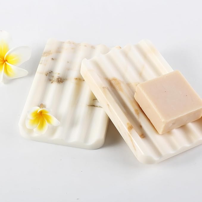 Koville Natural Marble Soap Dish for Bathroom Shower, White Gold Marble Soap Tray for Bathroom, Stone Soap Tray for Sink, Stripe Grooves Soap Saver Keep Soap Bars Dry Easy Clean