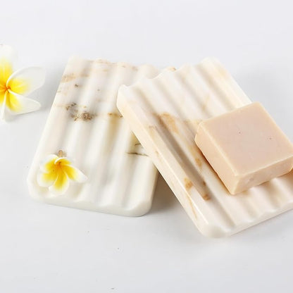 Koville Natural Marble Soap Dish for Bathroom Shower, White Gold Marble Soap Tray for Bathroom, Stone Soap Tray for Sink, Stripe Grooves Soap Saver Keep Soap Bars Dry Easy Clean