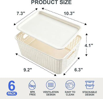 6 Pack Small Plastic Storage Baskets with Lids, Plastic Storage Baskets for Organizing, Stackable Organizer Baskets, Small Storage Bins for Shelves,Closet,Craft Room,Playroom,Classroom,Office, White