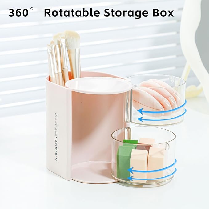 FABROK 2-Layer Clear Hair Accessories Organizer with Hair Brushes Holder, Rotatable Small Jewelry Box for Necklaces、Earring, Desktop Organizer Case for Hair Accessories, Cotton Swab(Pink)