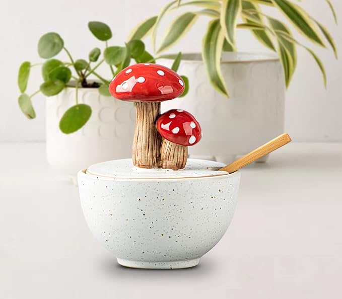 dgudgu Mushroom Salt Cellar With Lid Ceramic Salt Box White Salt Bowl Salt Container With Lid Salt Pig With Bamboo Spoon Salt Holder Salt Well Salt Keeper