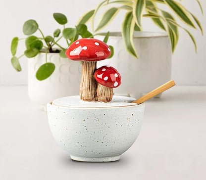 dgudgu Mushroom Salt Cellar With Lid Ceramic Salt Box White Salt Bowl Salt Container With Lid Salt Pig With Bamboo Spoon Salt Holder Salt Well Salt Keeper