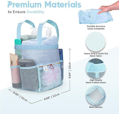 DV Lifestyle Mesh Shower Caddy Dorm, 7 Pockets & 1 with Zipper, Shower Tote with Padded Handles, Travel Portable, Shower Caddy College Room Essentials, Bathroom Shower Bag (Blue)