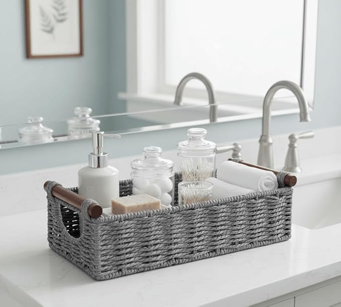 CubesLand Small Wicker Toilet Basket Tray Organizer W/Cut Out Handle, Handwoven Slim Decorative Basket for Countertop, Shelves And for Rustic Home Decor, Living Room, Nursery Organization, Grey