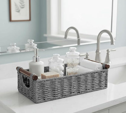 CubesLand Wicker Toilet Storage Basket Tray Organizer W/Cut Out Handle, Slim Decorative Basket for Countertop, Shelves And for Versatile Home Decor, Living Room, Nursery Organization, Grey