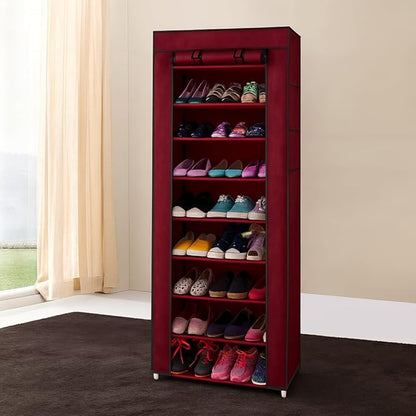 10-Tier Non-Woven Fabric Shoe Rack, Large Shoe Shelf, 2 Side Pockets Shoes Storage Cabinet Organizer with Dustproof Cover for Closets, Bedrooms, Garages, Wine Red