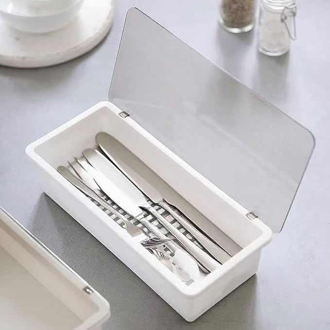 White Flatware Tray Kitchen Drawer Organizer With Lid And Drainer - Plastic Kitchen Cutlery Tray and Utensil Storage Container with Cover - 11.0 Inch Silverware Holder Drawer Organizer