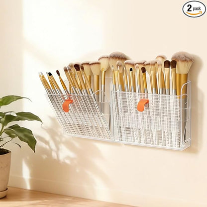 2 Pack Wall-Mounted Makeup Brush Holder, 16-Slot Eyeliner Lip Liner Organizer Holder, Makeup Organizer for Make Up Brush, Eyeliner, Lip Liner, Concealer Pencil Display Bathroom Countertop