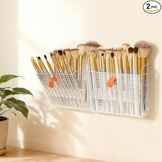 2 Pack Wall-Mounted Makeup Brush Holder, 16-Slot Eyeliner Lip Liner Organizer Holder, Makeup Organizer for Make Up Brush, Eyeliner, Lip Liner, Concealer Pencil Display Bathroom Countertop
