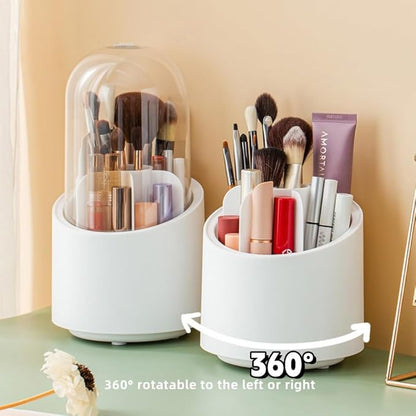 Fantasee 360° Rotating Makeup Brush Organizer, 7-Compartment Storage with Transparent Dustproof Cover, Cosmetic Tools Storage Holder for Bathroom Vanity Countertop (Neutral Beige, Cylindrical)