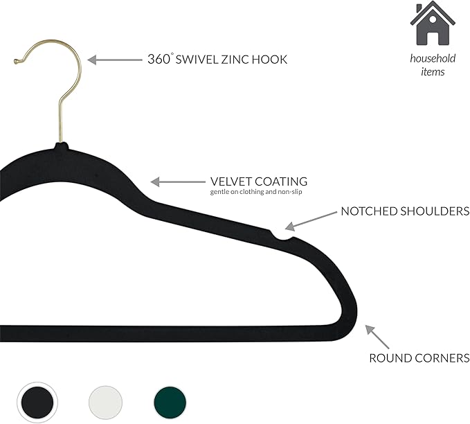 Simplify Slim Velvet Gold Hook Clothes Hangers 50 Pack | Non-Slip | Shirts | Suit | Pants | Dresses | Garments | Closet Storage & Organization | Durable | Black