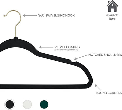 Simplify Slim Velvet Gold Hook Clothes Hangers 50 Pack | Non-Slip | Shirts | Suit | Pants | Dresses | Garments | Closet Storage & Organization | Durable | Black