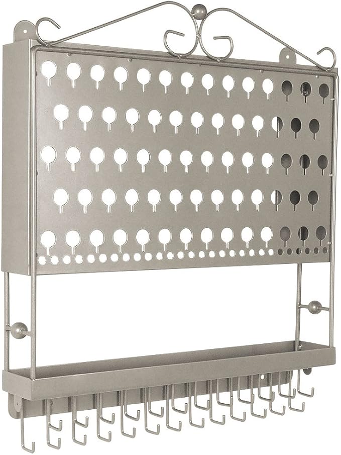 JR20-SN Silver Satin Nickel Wall Mounted Organizer Necklace Holder Earring & Jewelry Display Rack with Tray