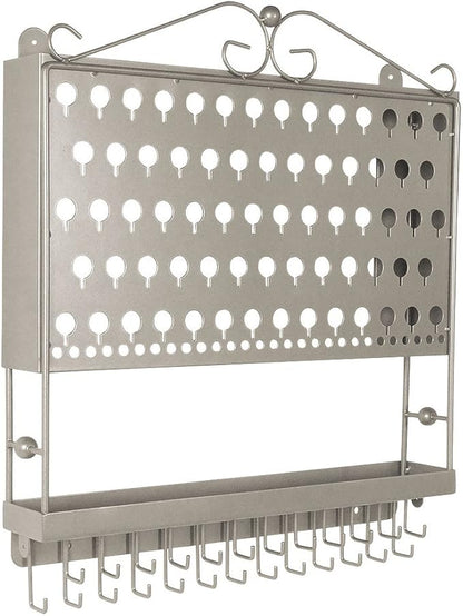 JR20-SN Silver Satin Nickel Wall Mounted Organizer Necklace Holder Earring & Jewelry Display Rack with Tray