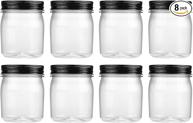novelinks 8 oz Clear Plastic Jars with Airtight Lids, 8 Pack Plastic Mason Jars with Lids 8oz, Refillable Storage Slime Containers & Small Spice Jar for Kitchen Organization (8 Pack,Black)