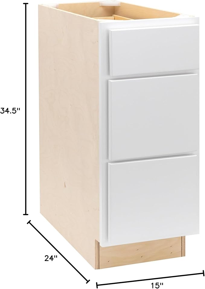 Quicklock RTA (Ready-to-Assemble) | Base Kitchen Cabinets - Shaker Style | Made in America (Pure White, 15" W x 34.5" H x 24" D 3 Drawer Pots and Pans)