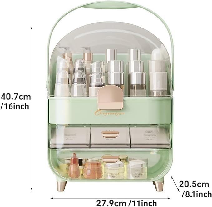 Makeup Organizer, Skincare Organizers with Clear Lid & 2 Drawers and 360° Rotating Brush Holder
