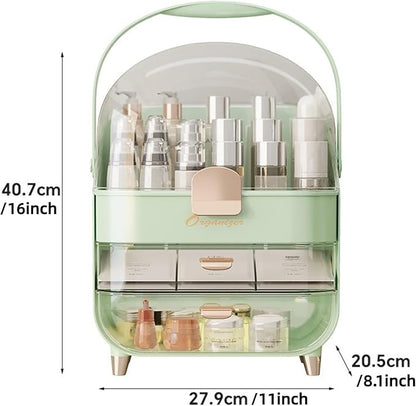 Makeup Organizer, Skincare Organizers with Clear Lid & 2 Drawers and 360° Rotating Brush Holder