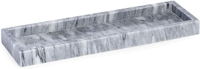 Bey-Berk Marble Bath Tray in Cloud Grey, 14.25" Slim Vanity Organizer, Serene Stone Accent