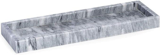 Bey-Berk Marble Bath Tray in Cloud Grey, 14.25" Slim Vanity Organizer, Serene Stone Accent