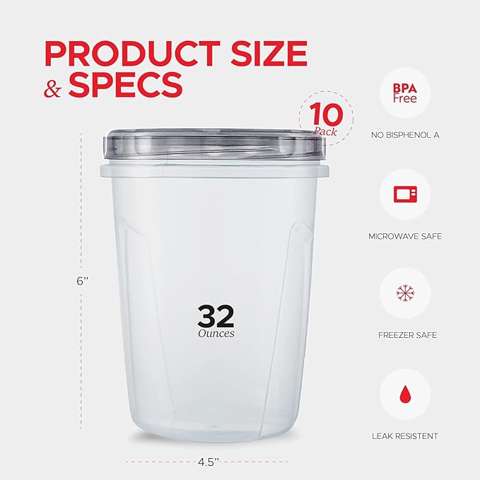 Tafura 10 Pack Leakproof Freezer Containers for Food with Twist Top Lids - 32 Oz BPA Free Reusable Plastic Soup Containers with Screw On Lids - Ideal for Meal Prep, Organization - Starry Black Lid