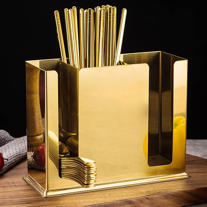 Chinese restaurant Utensil Holder, Stainless Steel Hanging 3 Compartments Mesh Utensil Drying Rack/ Chopsticks/Spoon/Fork/Knife Flatware Storage（Golden）