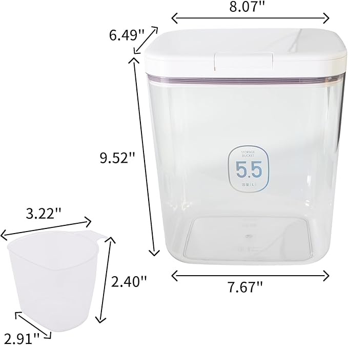 Airtight Rice Storage Bin Flour Storage Container 10 Lbs/5.81Qt, Clear Food Container with Measuring Cup Airtight Lid for Kitchen Pantry Organization and Storage
