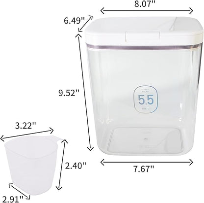 Airtight Rice Storage Bin Flour Storage Container 10 Lbs/5.81Qt, Clear Food Container with Measuring Cup Airtight Lid for Kitchen Pantry Organization and Storage