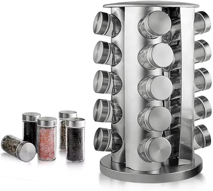 Revolving Spice Rack with 20 Jars, Rotating Spice Rack Organizer with Labels, Polished Stainless Steel with Black Caps, Stainless Steel Spice Carousel for Kitchen Countertop, Cabinet
