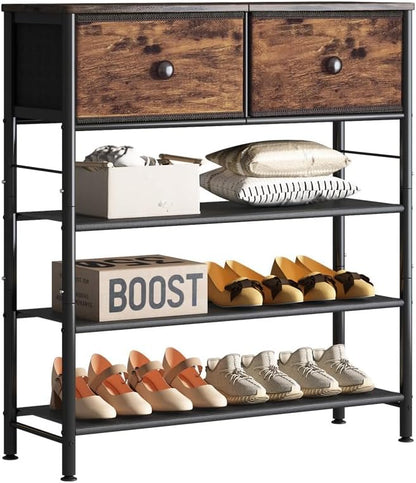 INGIORDAR Shoe Rack Organizer 5 Tier Metal Organizer Shelf with Industrial MDF Board and Layer Fabric for Entryway Closet Bedroom Living Room Garage (Black+Rustic Brown, 4 Tier with 2 Drawers)