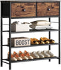 INGIORDAR Shoe Rack Organizer 5 Tier Metal Organizer Shelf with Industrial MDF Board and Layer Fabric for Entryway Closet Bedroom Living Room Garage (Black+Rustic Brown, 4 Tier with 2 Drawers)