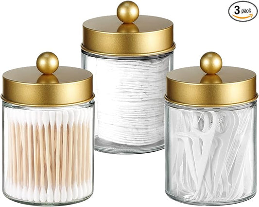 Apothecary Jar Canisters Bathroom Vanity Organizer - Qtip Holder Storage Organizer Countertop -Stainless Steel Lids &Cute Stickers for Qtips,Cotton Swabs,Makeup Sponges,Floss(3 Pack) (Gold)
