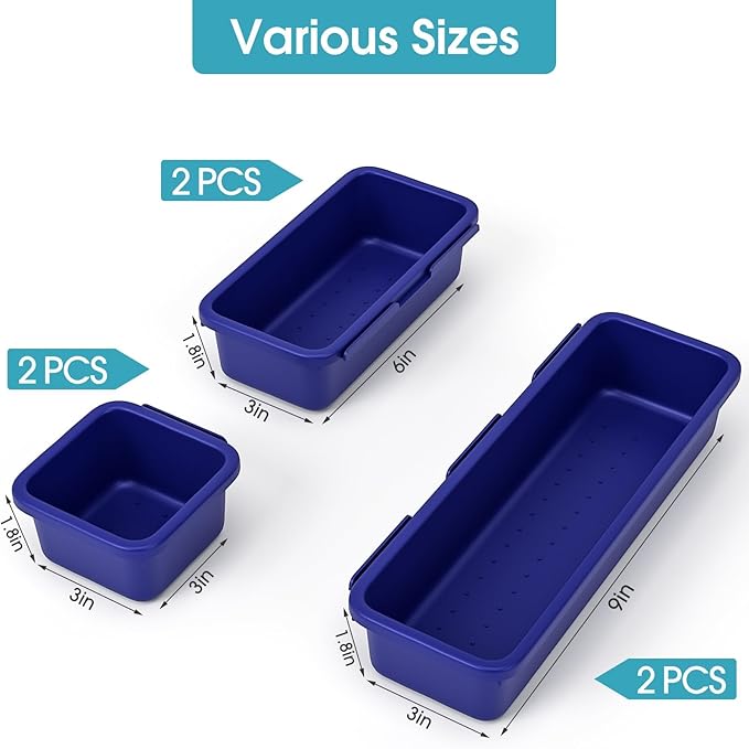 6 PCS Drawer Organizer Set, 3 Size Makeup Drawer Divider Organizer With Non-Slip Pads, Interlocking Plastic Storage Bins for Office,Jewelry Vanity,Gadgets, Bathroom,Kitchen, Navy