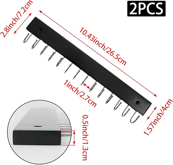 2 PCS Black Hanging Jewelry Organizer, Wooden Wall Mounted Necklace Holder with 28 Hooks, Jewelry Display Hangers, Coat Rack Belt Organizer for Bags, Ties, Keys(Black)