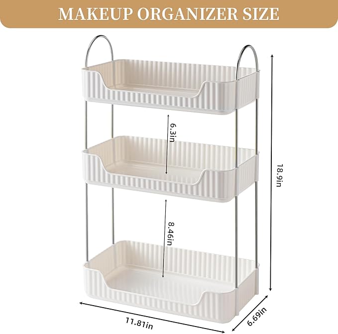 Shuang Qing Bathroom Counter Cosmetic Organizer, 3 Tier-Cream White, Alloy Steel & PET Plastic, Rectangular, Tiered, Perfect for Toiletries & Cosmetics