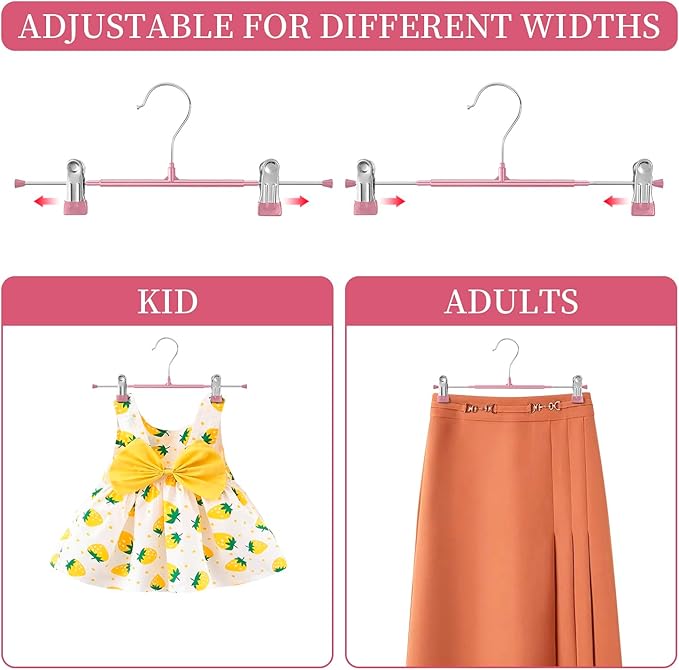 30PACK Pants Hangers with Clips Adjustable Skirt Hangers for Women Metal Non-Slip Trousers Hanger Heavy Duty Space Saving Clothes Hanger for Shorts,Jeans,12Inch,Pink