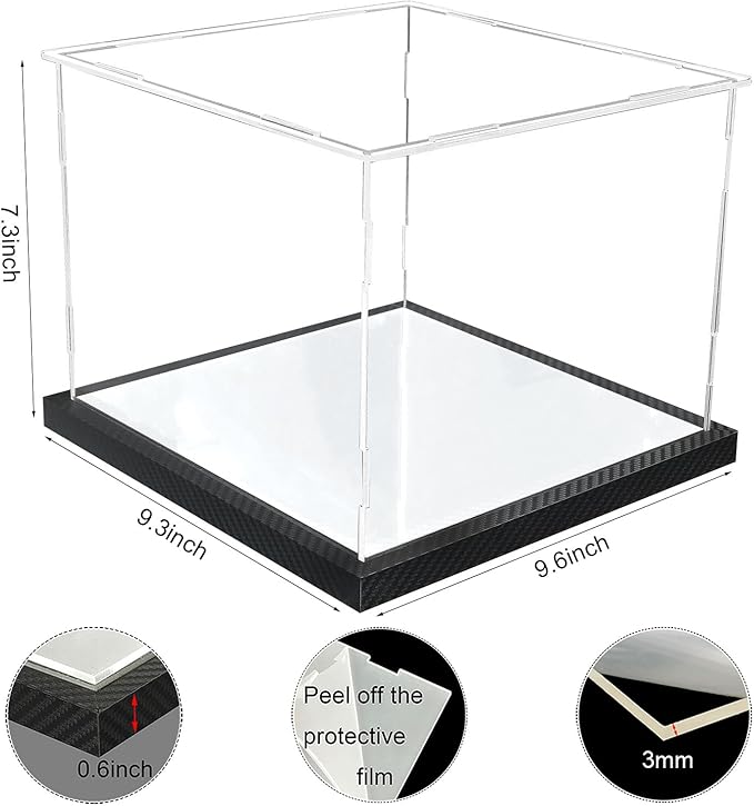 Clear Hat Display Case Acrylic Baseball Cap Holder Stand Transparent Hat Storage Box Dustproof Square UV Protection Cabinet with Carbon Fiber Skin Base and Removable Mirror Base