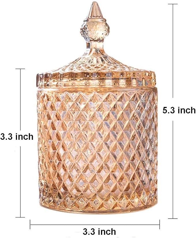Colorful Home Decorative Jar Qtips Holder Dispenser Glass Storage Container Bathroom Counter Vanity Organizer for Bath Salts/Swabs/Rounds Makeup Sponges Toothpick Jewelry (Amber,10 oz，2